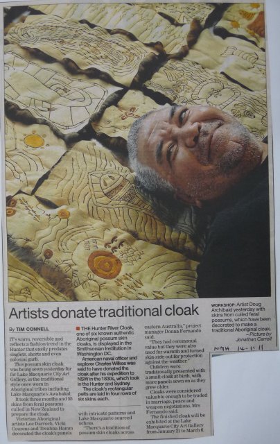 Artists incl Doug Archibald donate traditional possum cloak, Lake Macquarie 2011. Newcastle Herald. 